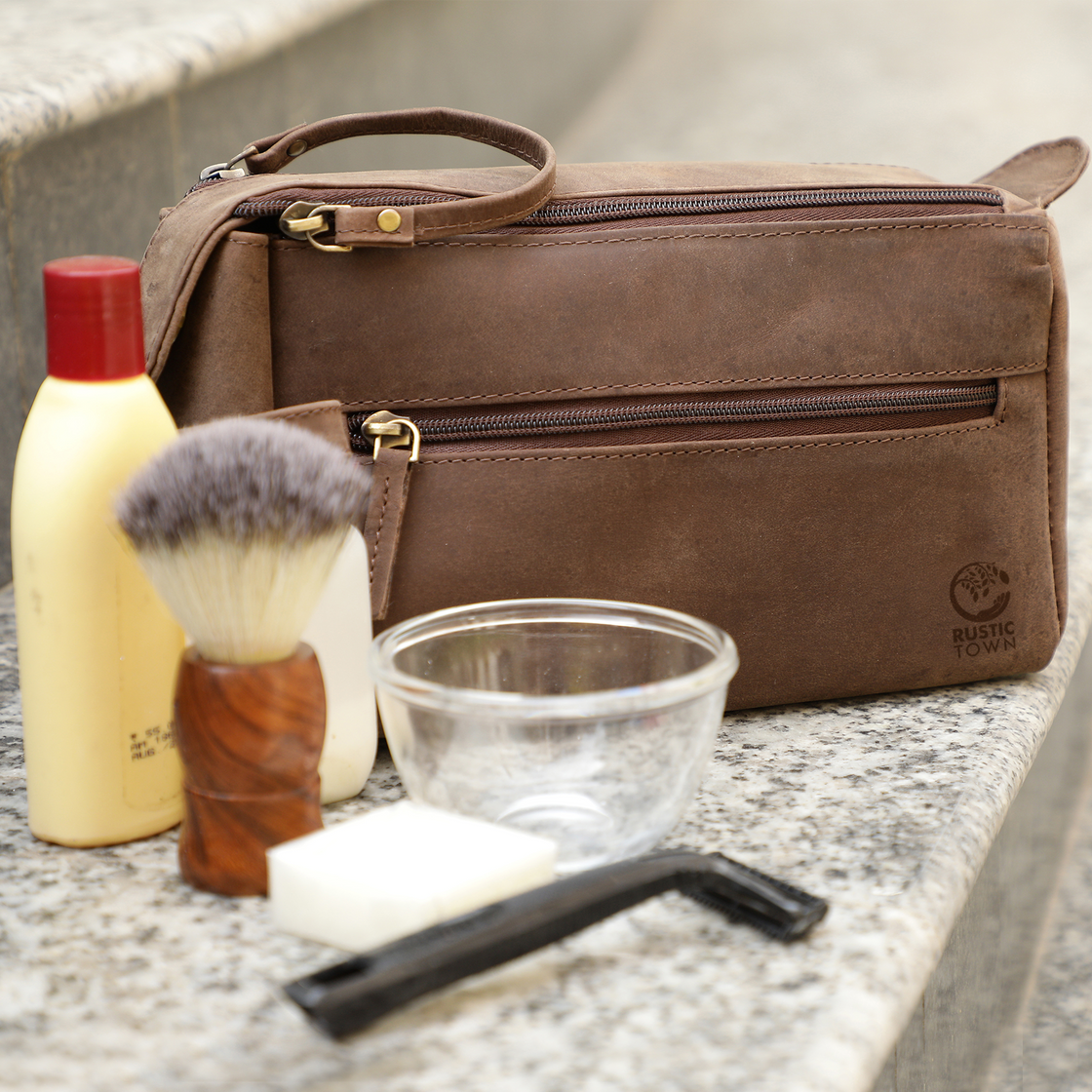 Hugh Leather Travel Shaving Bag (Dark Brown)