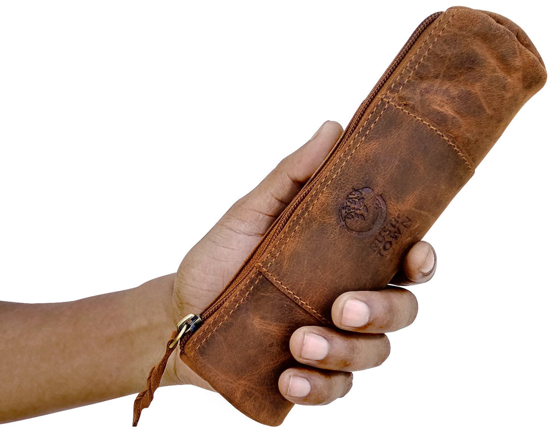 Winnie Leather Zipper Pen Pencil Case (Brown)