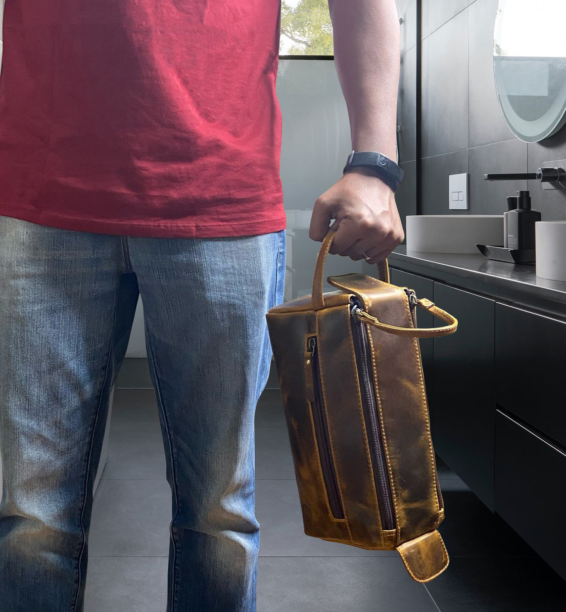 Leather Travel Toiletry Bag (Antique Brown)