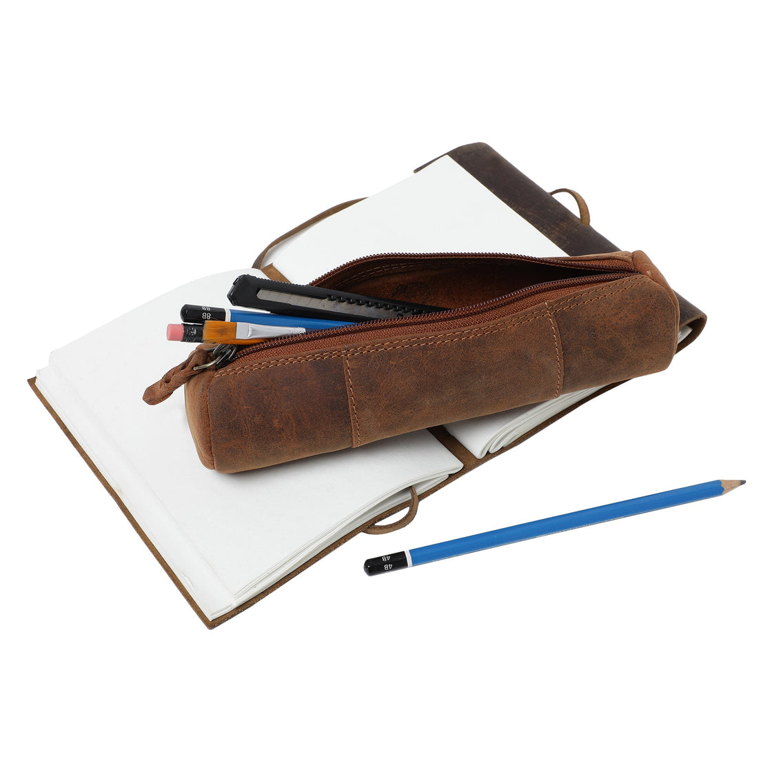 Winnie Leather Zipper Pen Pencil Case (Brown)