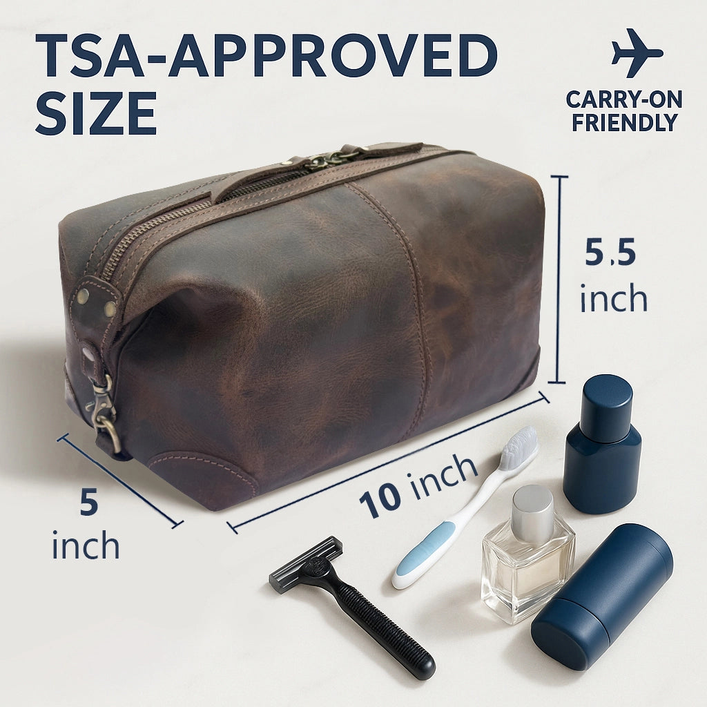 Avery Leather Toiletry Bag - Premium Travel Shaving Dopp Kit