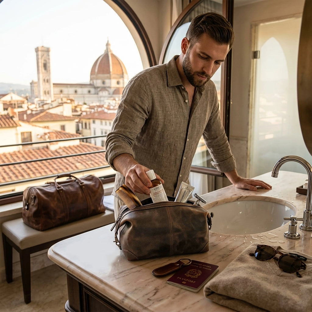 Avery Leather Toiletry Bag - Premium Travel Shaving Dopp Kit