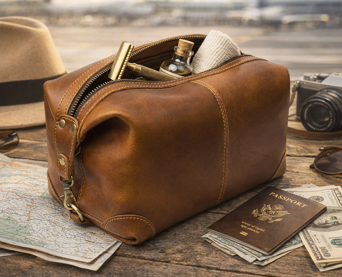 Avery Full-Grain Leather Toiletry Bag - Premium Travel Dopp Kit for Men