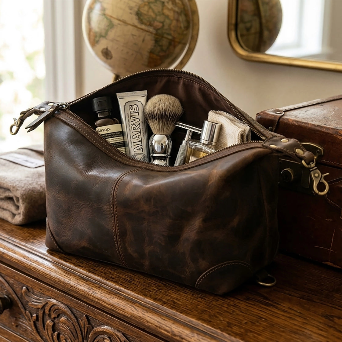Avery Leather Toiletry Bag - Premium Travel Shaving Dopp Kit