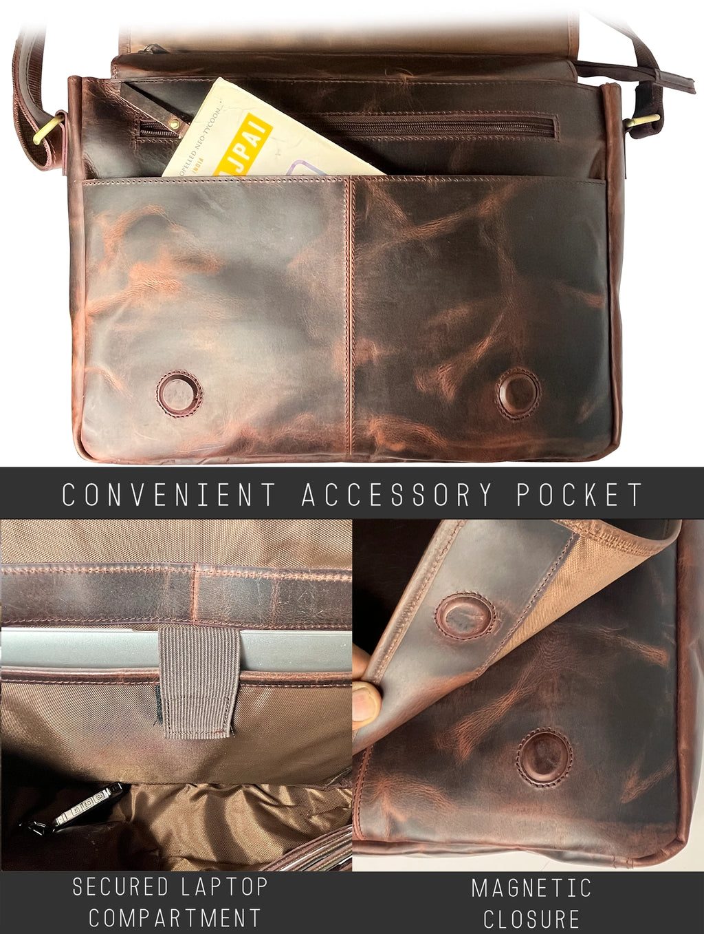 Outlander Leather Laptop Messenger Bag – 14 Inch Office Satchel Travel Crossbody for Men