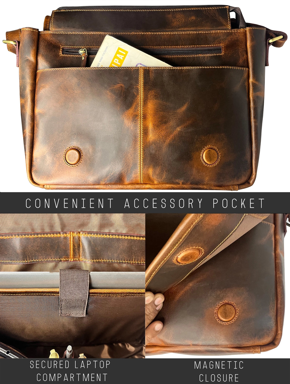 Outlander 14" Leather Messenger Bag for Men – Laptop Satchel for Office & Travel