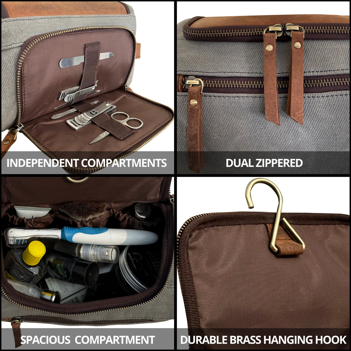 Parker Leather Canvas Hanging Toiletry Bag - Handmade Travel Dopp Kit