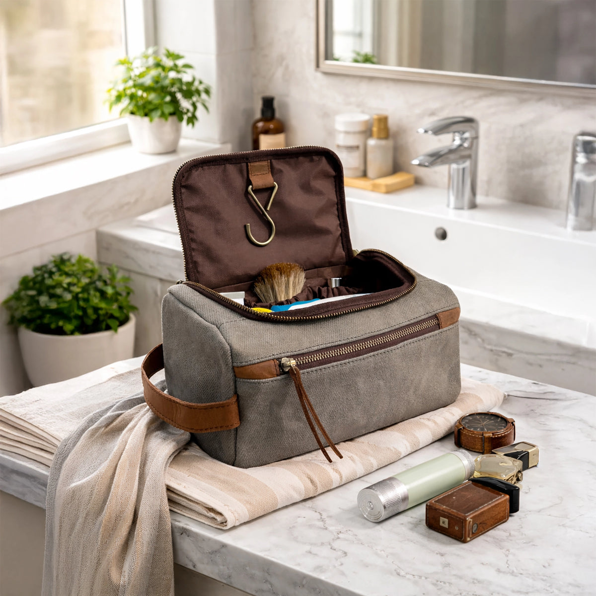 Parker Leather Canvas Hanging Toiletry Bag - Handmade Travel Dopp Kit