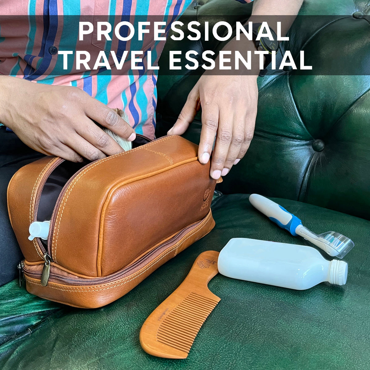 Nancy Leather Travel Makeup Toiletry Bag (Cognac)