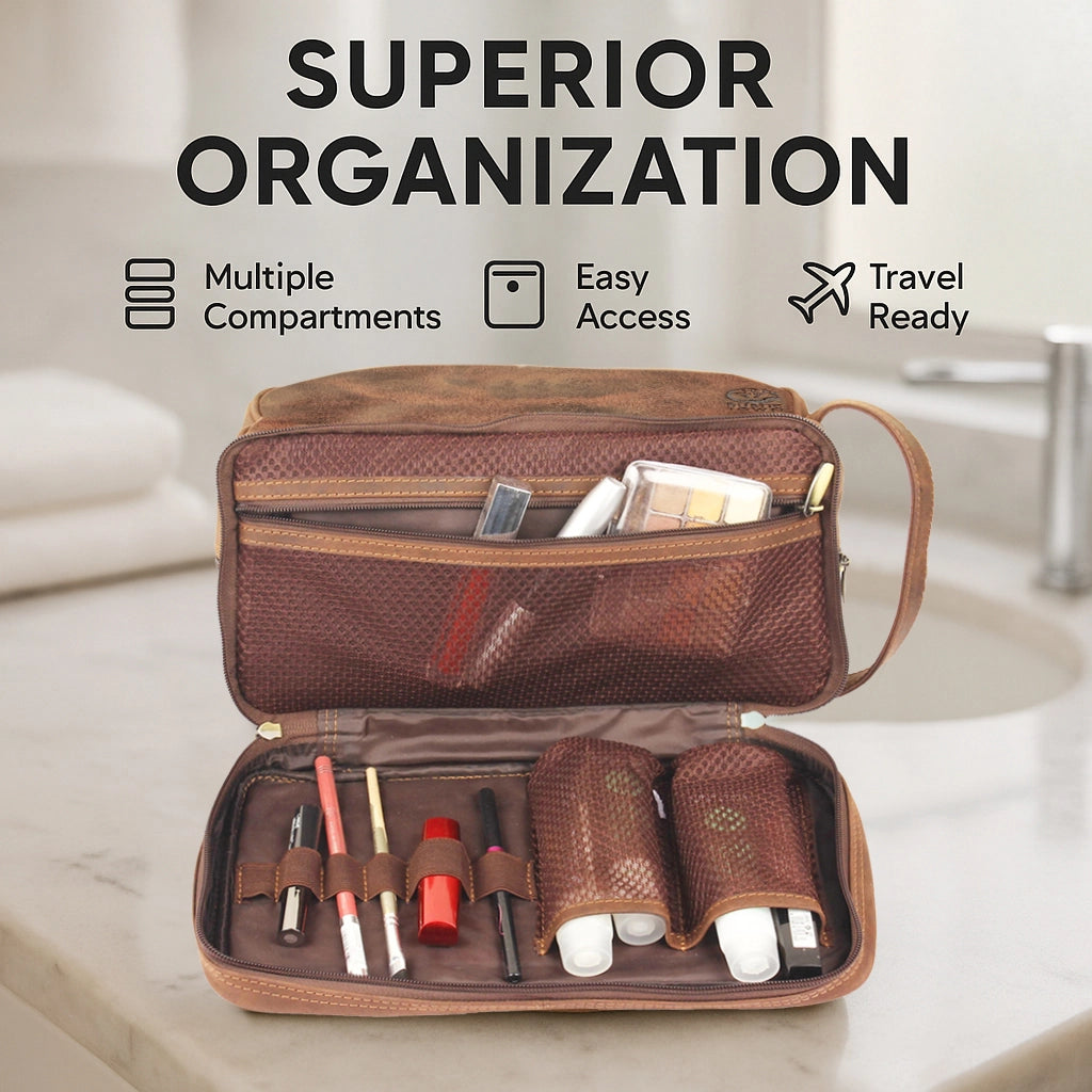 Nancy Leather Travel Makeup Bag (Brown)