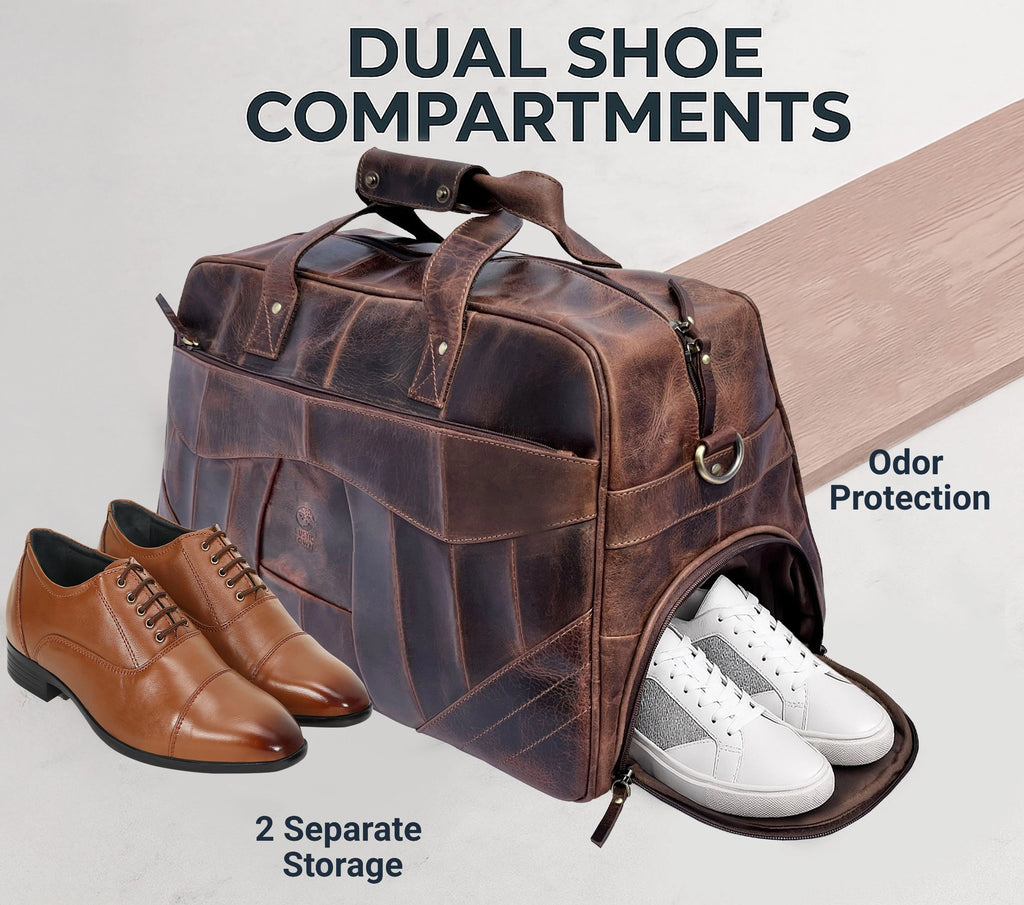John Leather Travel Duffle Bag with Shoe Pocket, Walnut Brown