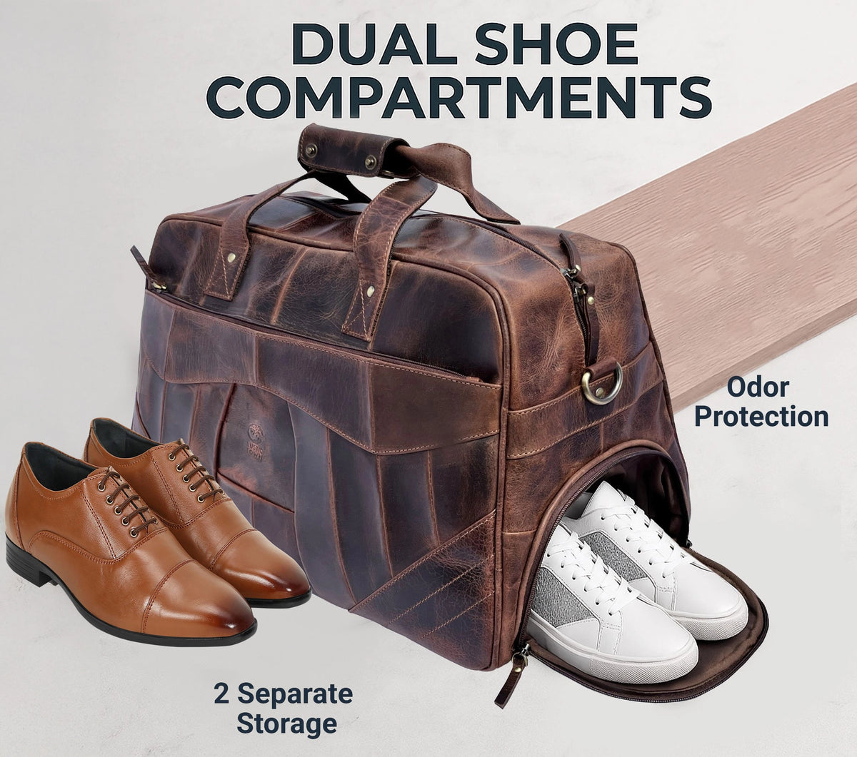 John Leather Travel Duffle Bag with Shoe Pocket, Walnut Brown