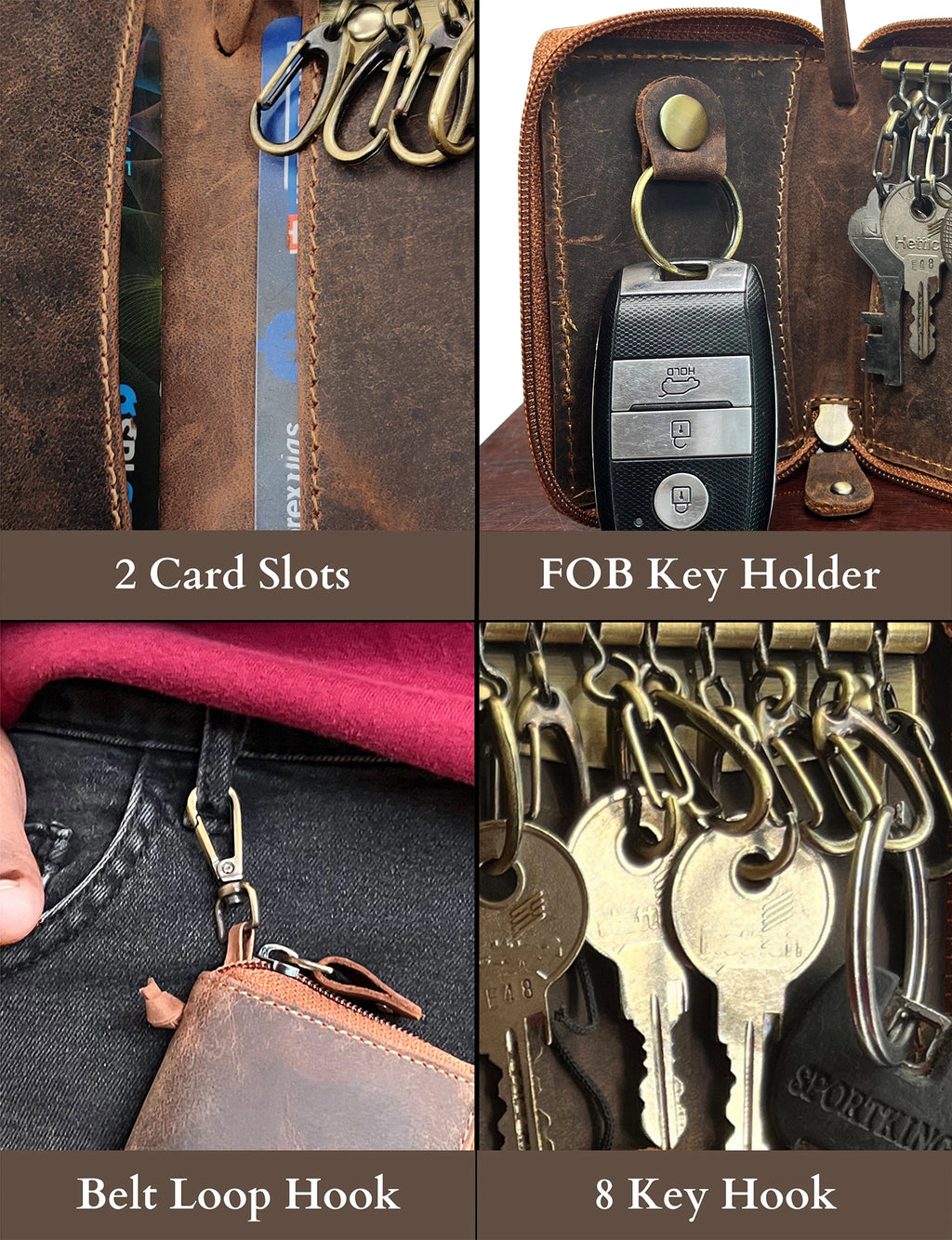 Iris Leather Key Holder Case Zippered Key Organizer Wallet with Belt Hook