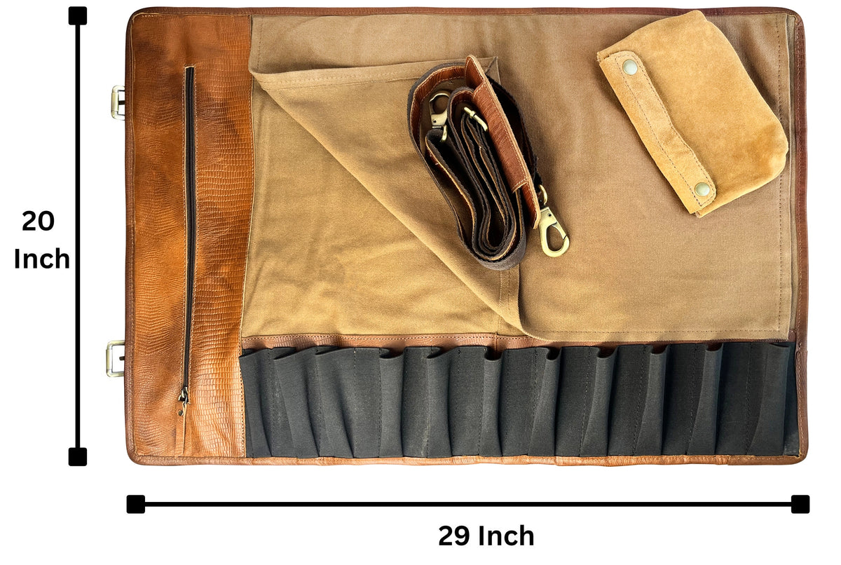 Voyage Leather Canvas Knife Roll Storage Bag (Brown Rust)