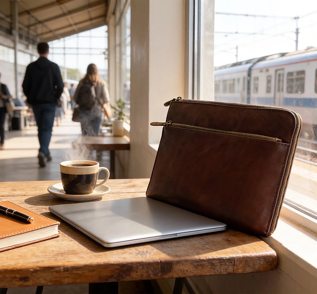 Leather Laptop Sleeve with Integrated Hand Strap