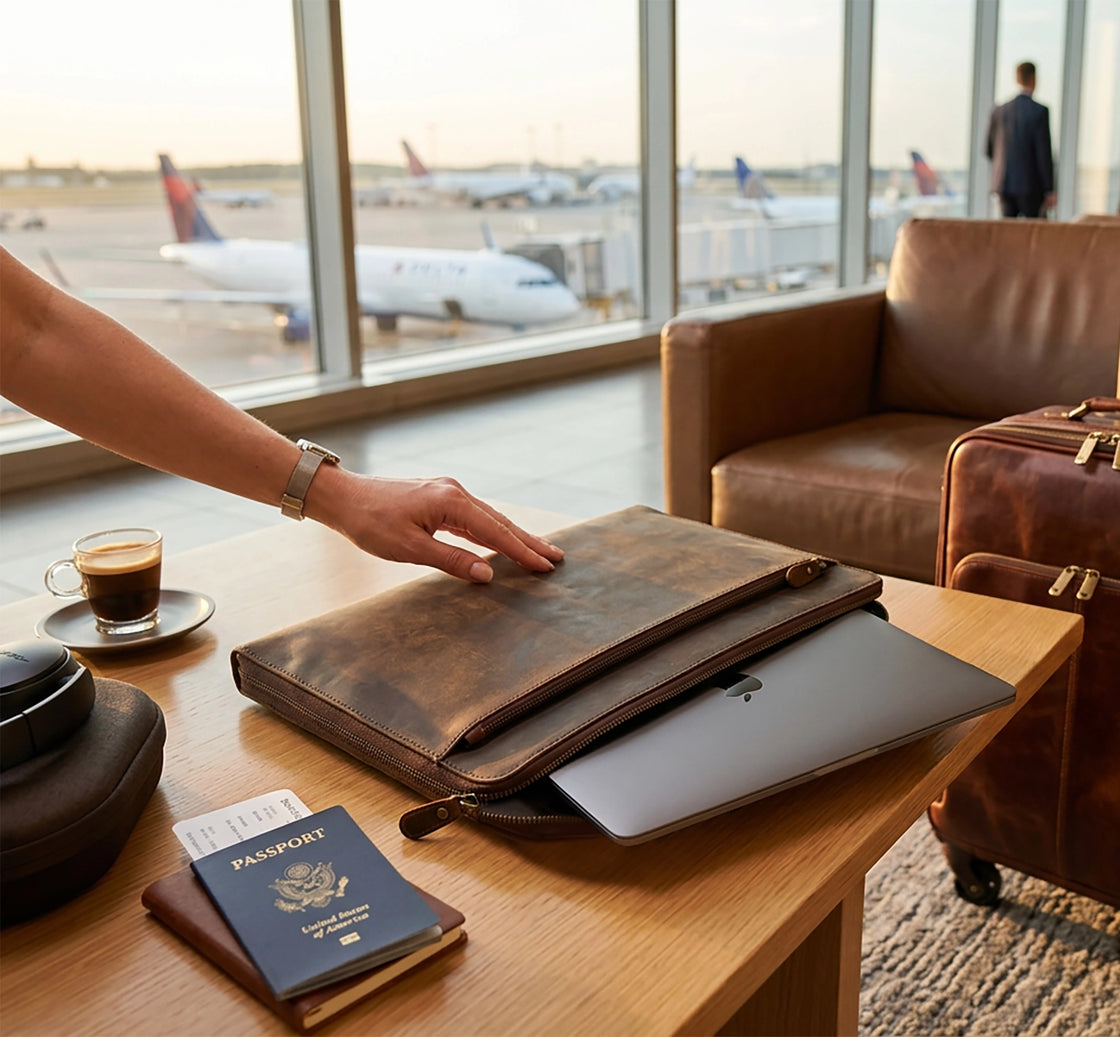 Full Grain Leather Laptop Sleeve with Integrated Hand Strap