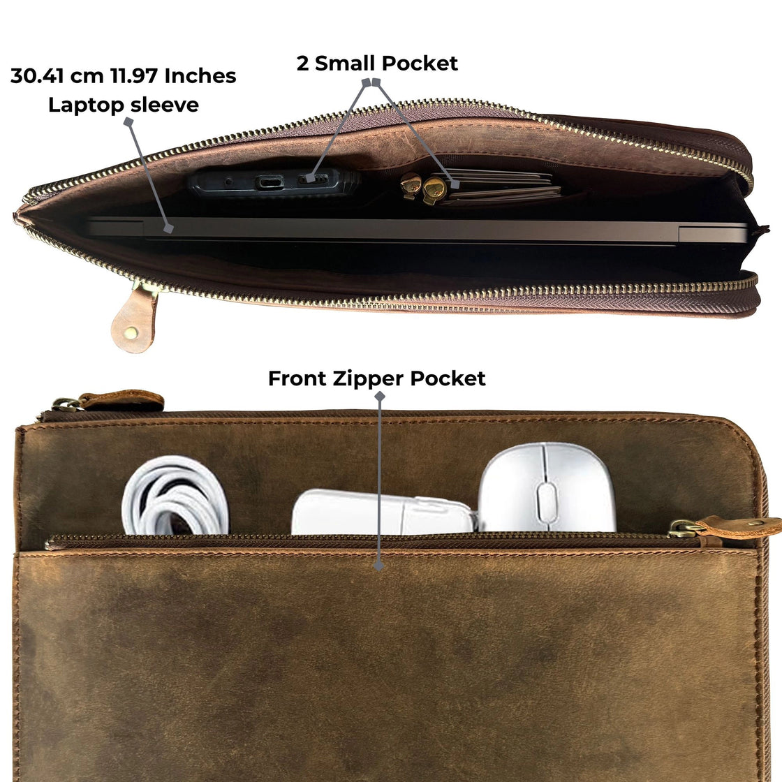 Full Grain Leather Laptop Sleeve with Integrated Hand Strap