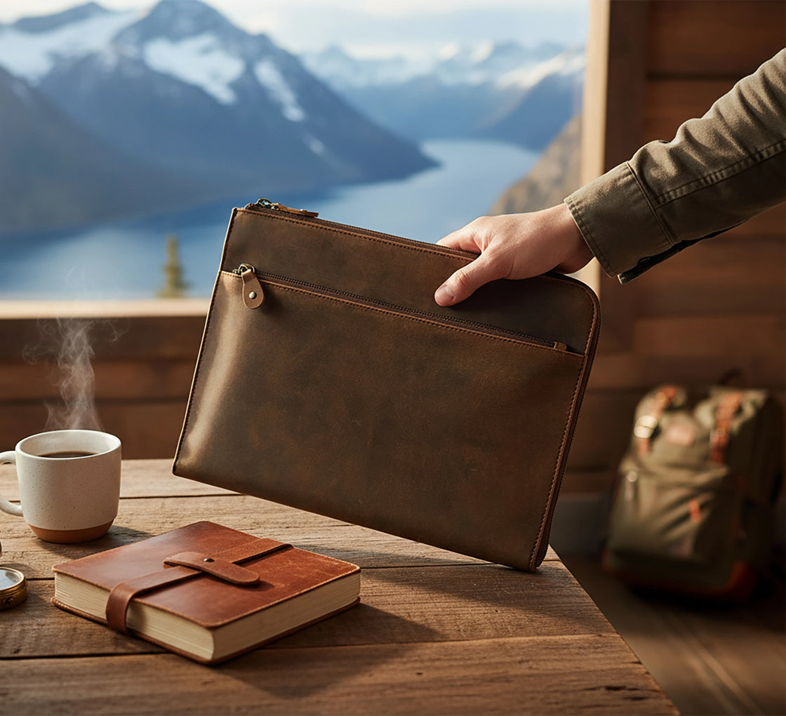 Full Grain Leather Laptop Sleeve with Integrated Hand Strap