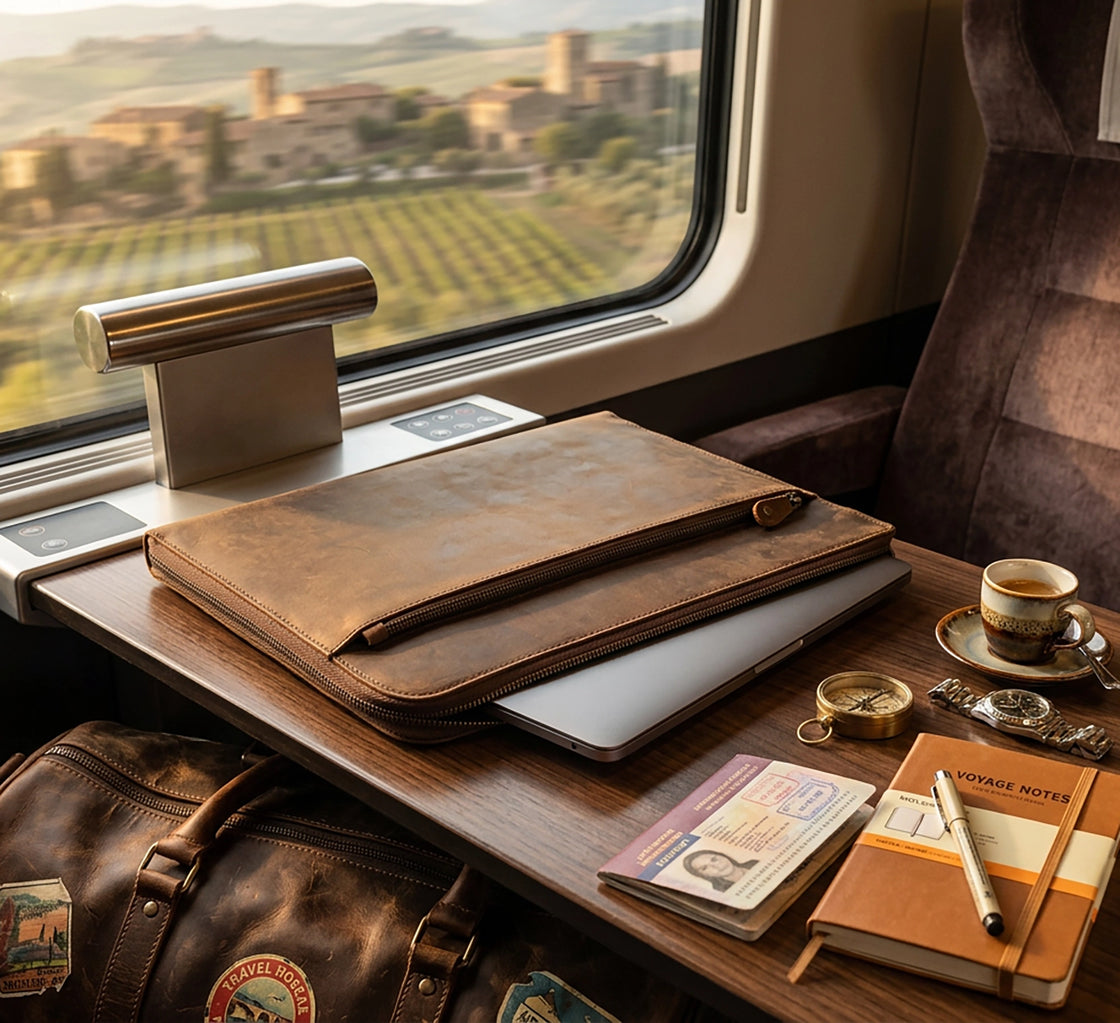 Full Grain Leather Laptop Sleeve with Integrated Hand Strap