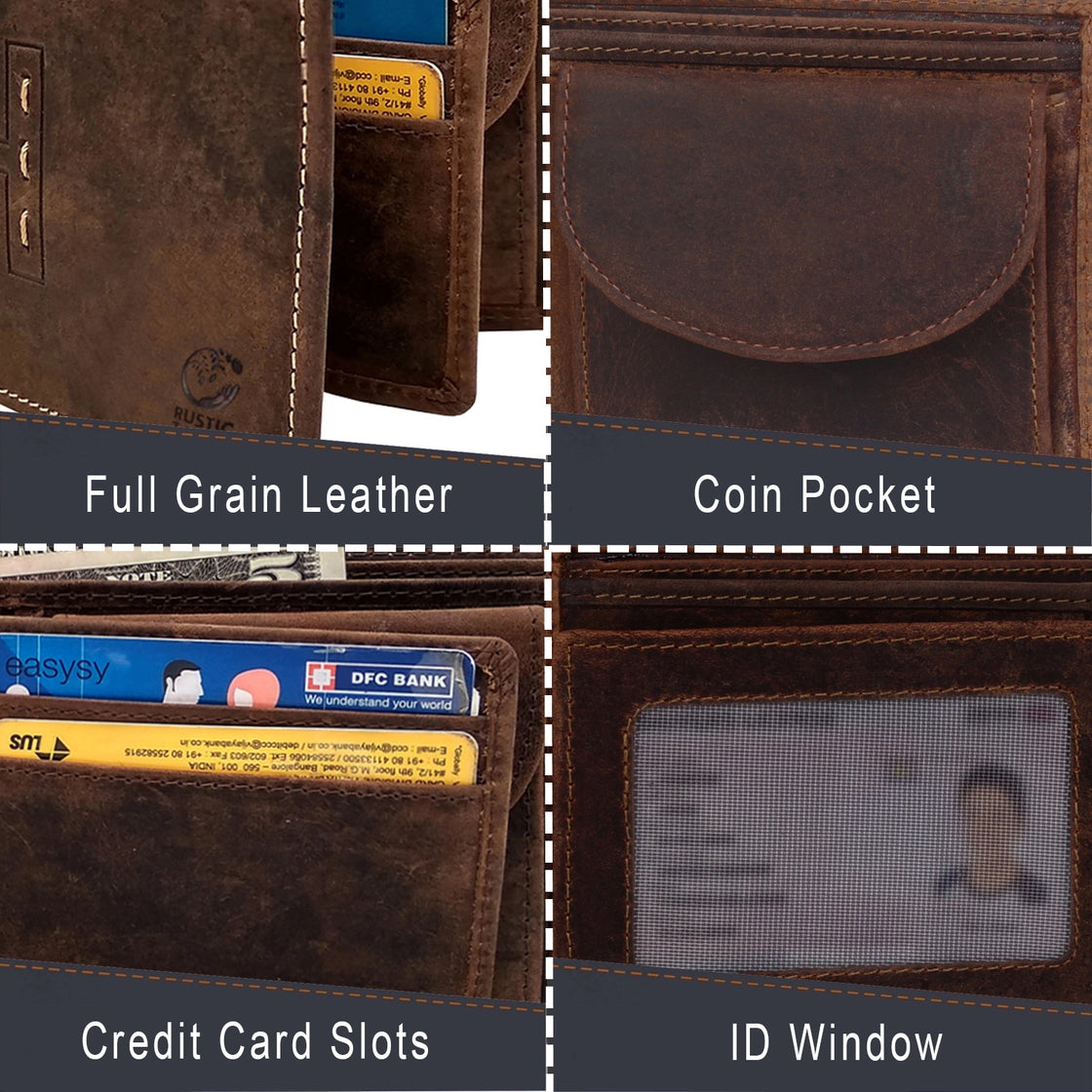 Men's RFID Blocking Genuine Leather Bi-Fold Wallet (Dark Brown)