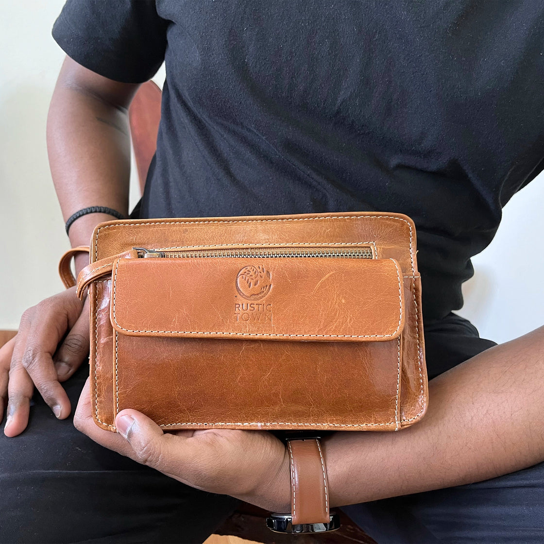 Leather Hand Pouch Men Purse Wallet Clutch Wrist Bag