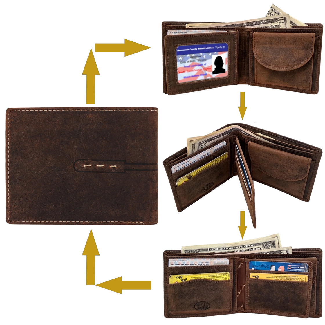 Men's RFID Blocking Genuine Leather Bi-Fold Wallet (Dark Brown)