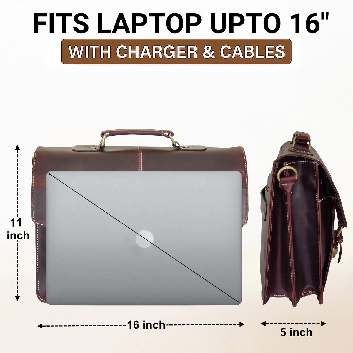Wayne Premium 16" Leather Satchel Office Laptop Bag (Dark)