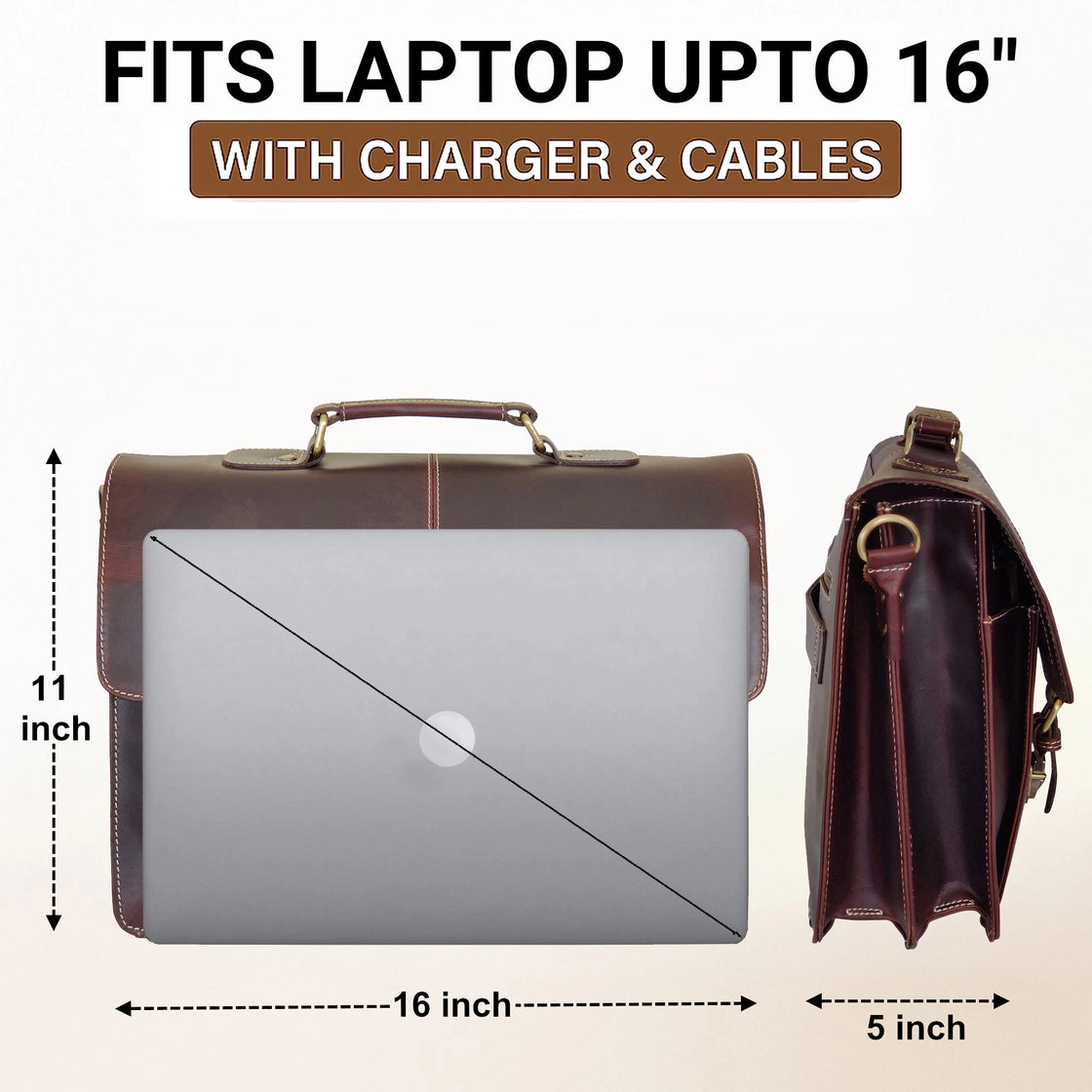 Wayne Premium 16" Leather Satchel Office Laptop Bag (Dark)