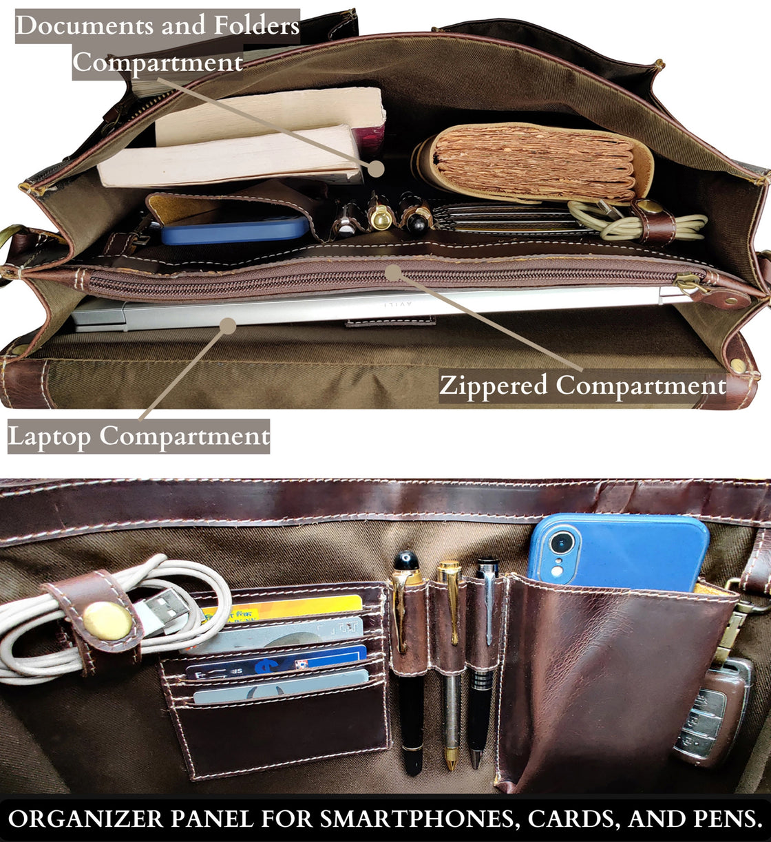 Wayne Premium 16" Leather Satchel Office Laptop Bag (Dark)