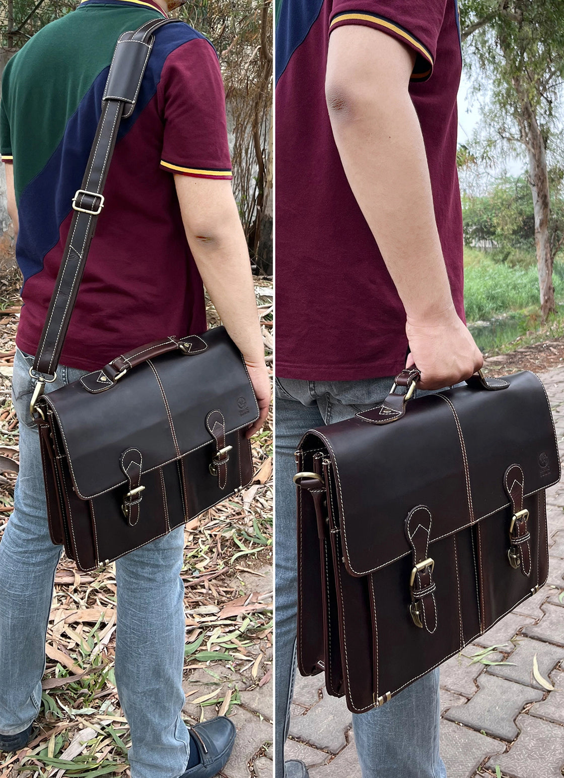 Wayne Premium 16" Leather Satchel Office Laptop Bag (Dark)