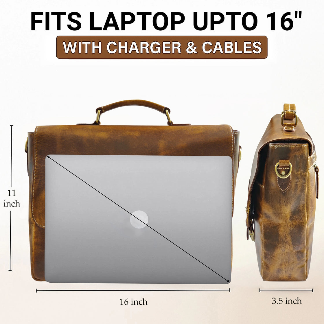 Predator 16" Leather Briefcase Laptop Messenger Bag (Antique Brown)6