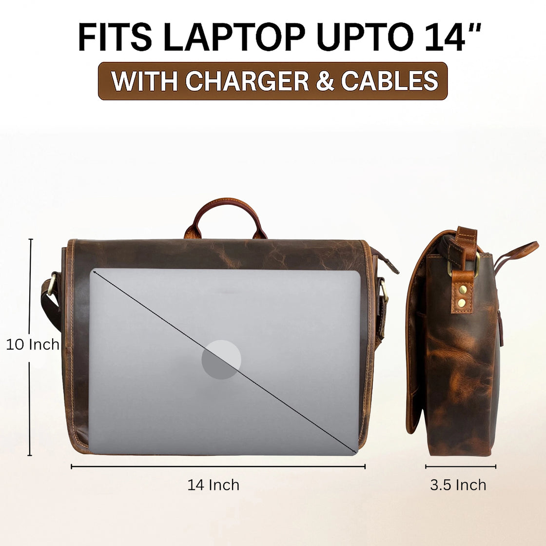 Outlander 14" Leather Messenger Bag for Men – Laptop Satchel for Office & Travel
