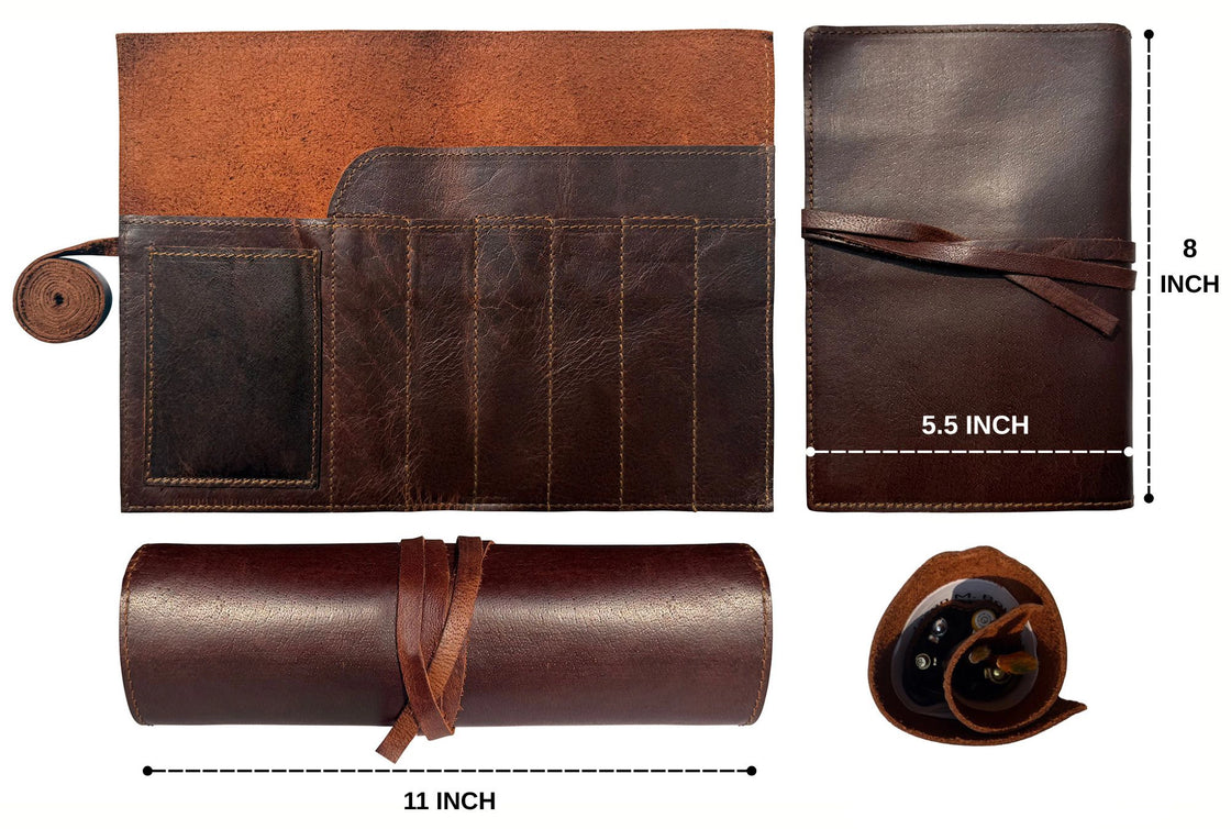 Archie Handcrafted Full-Grain Leather Pencil Roll Up Case for Men Women