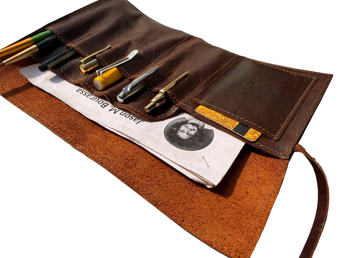 Archie Handcrafted Full-Grain Leather Pencil Roll Up Case for Men Women