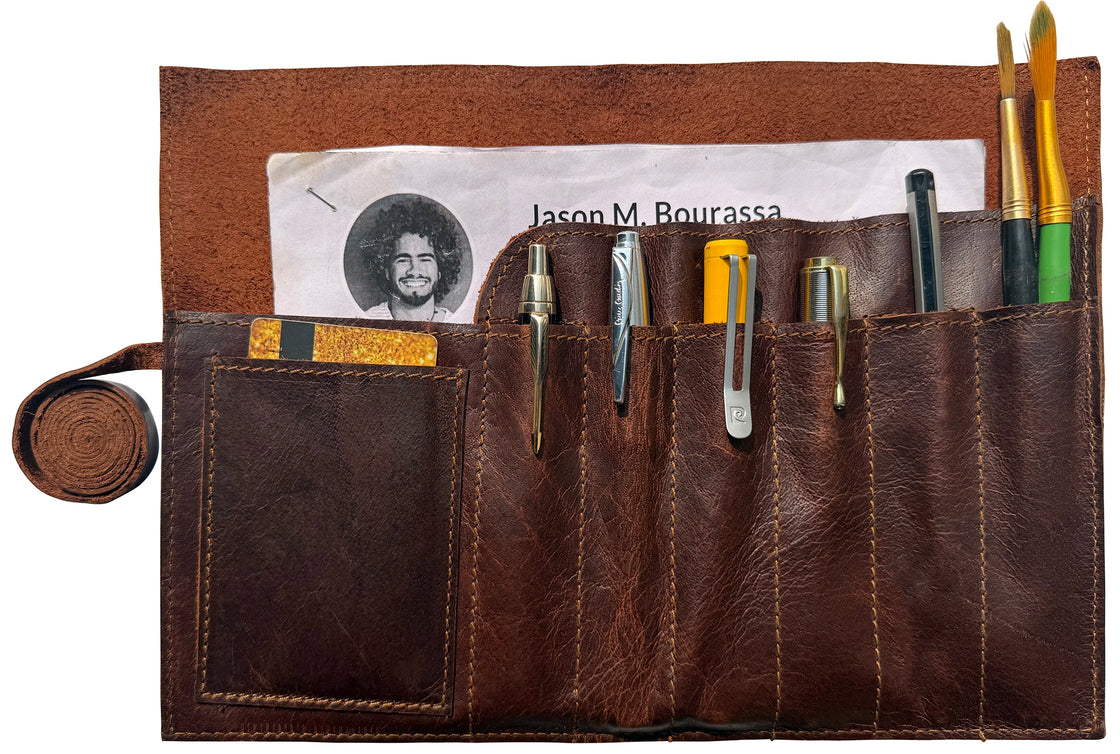 Archie Handcrafted Full-Grain Leather Pencil Roll Up Case for Men Women