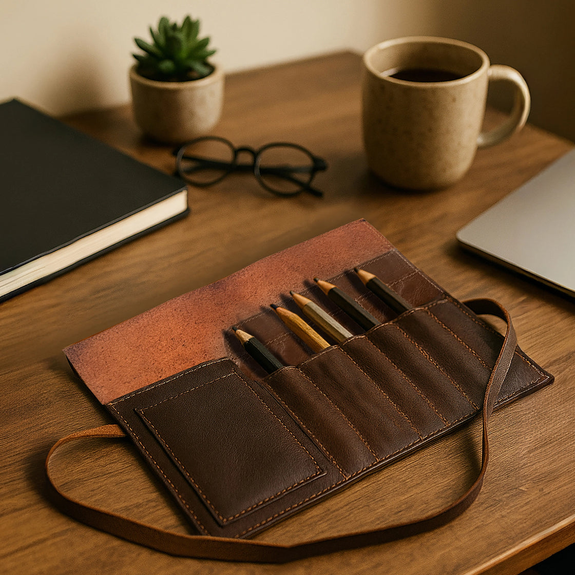 Archie Handcrafted Full-Grain Leather Pencil Roll Up Case for Men Women