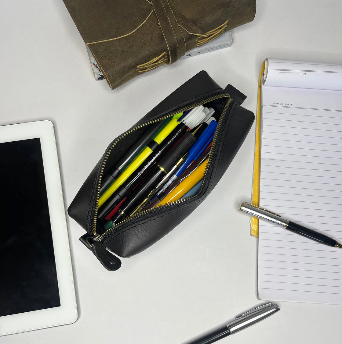 Charlie Leather Pencil Case - Handcrafted Premium Zippered Pen Pouch (Black)
