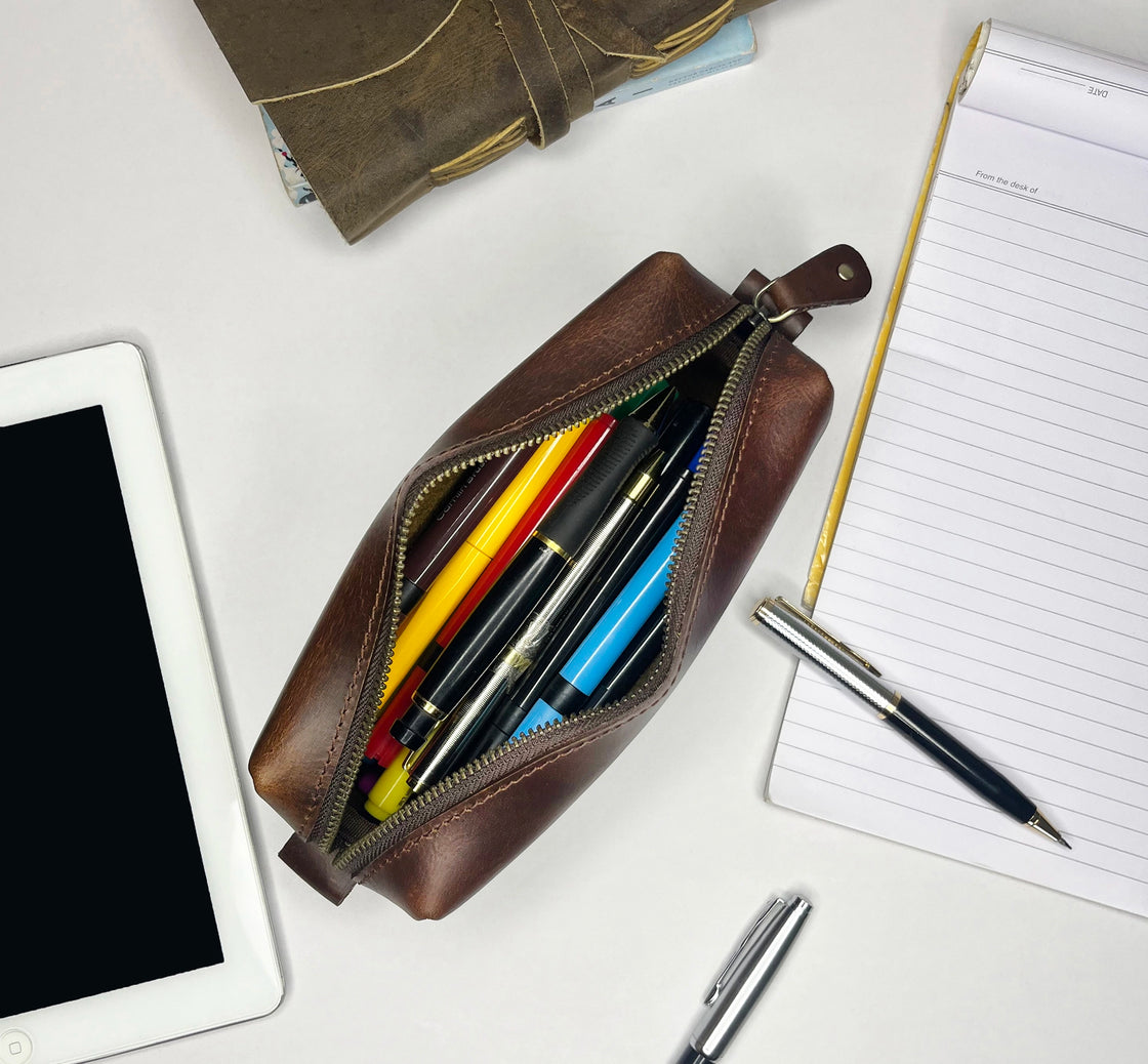 Charlie Leather Pencil Case - Handcrafted Premium Zippered Pen Pouch (Walnut Brown)