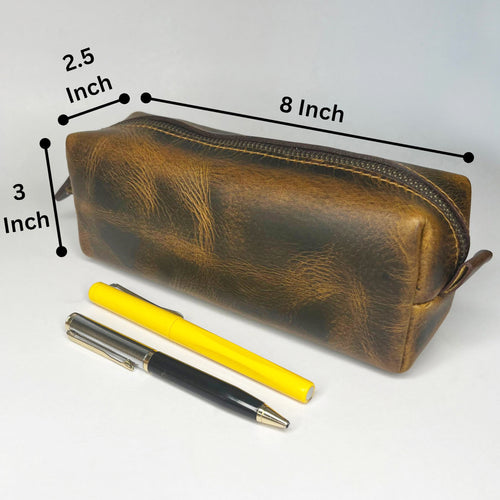 Charlie Leather Pencil Case - Handcrafted Premium Zippered Pen Pouch (Antique Brown)