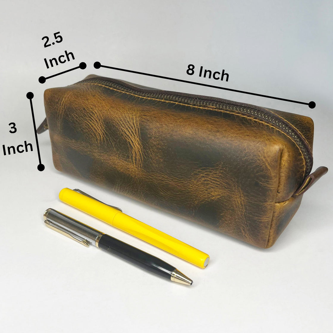 Charlie Leather Pencil Case - Handcrafted Premium Zippered Pen Pouch (Antique Brown)