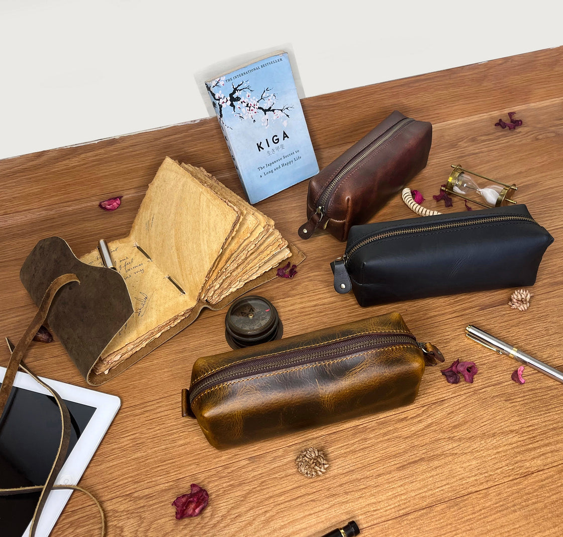 Charlie Leather Pencil Case - Handcrafted Premium Zippered Pen Pouch (Walnut Brown)