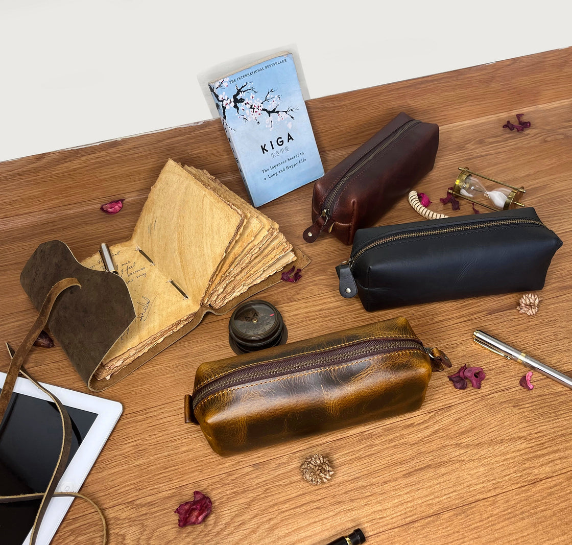 Charlie Leather Pencil Case - Handcrafted Premium Zippered Pen Pouch (Antique Brown)