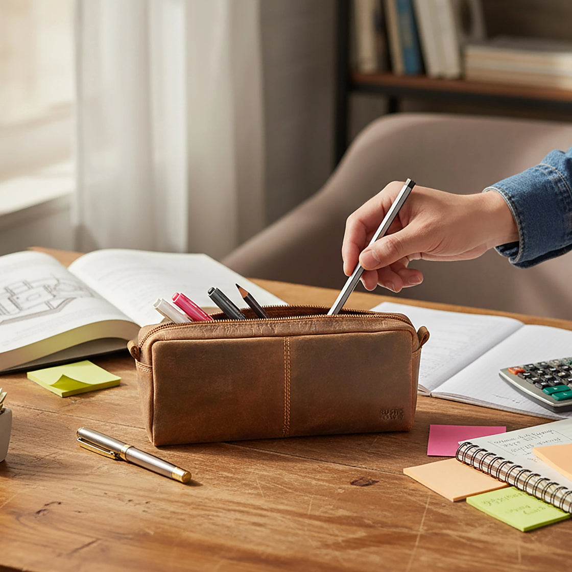 Leo Full Grain Leather Pencil Case – Handcrafted Pen Pouch Zipper Pencil Organizer