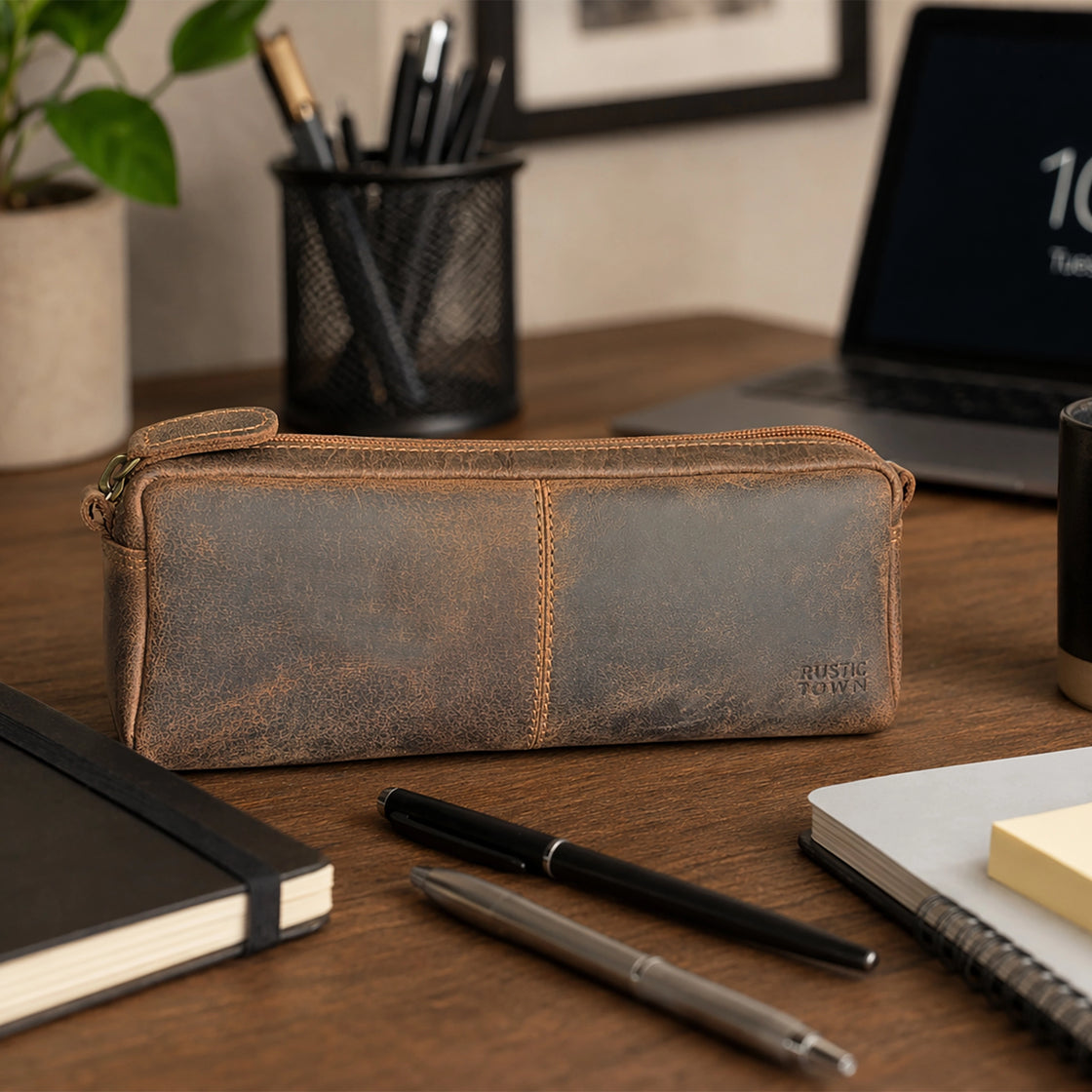 Leo Full Grain Leather Pencil Case – Handcrafted Pen Pouch Zipper Pencil Organizer