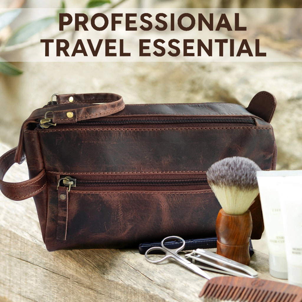 Leather Toiletry Bag for Men and Women (Walnut Brown)