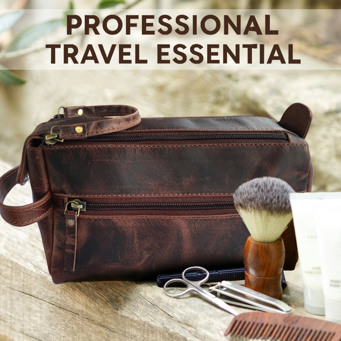 Leather Toiletry Bag for Men and Women (Walnut Brown)