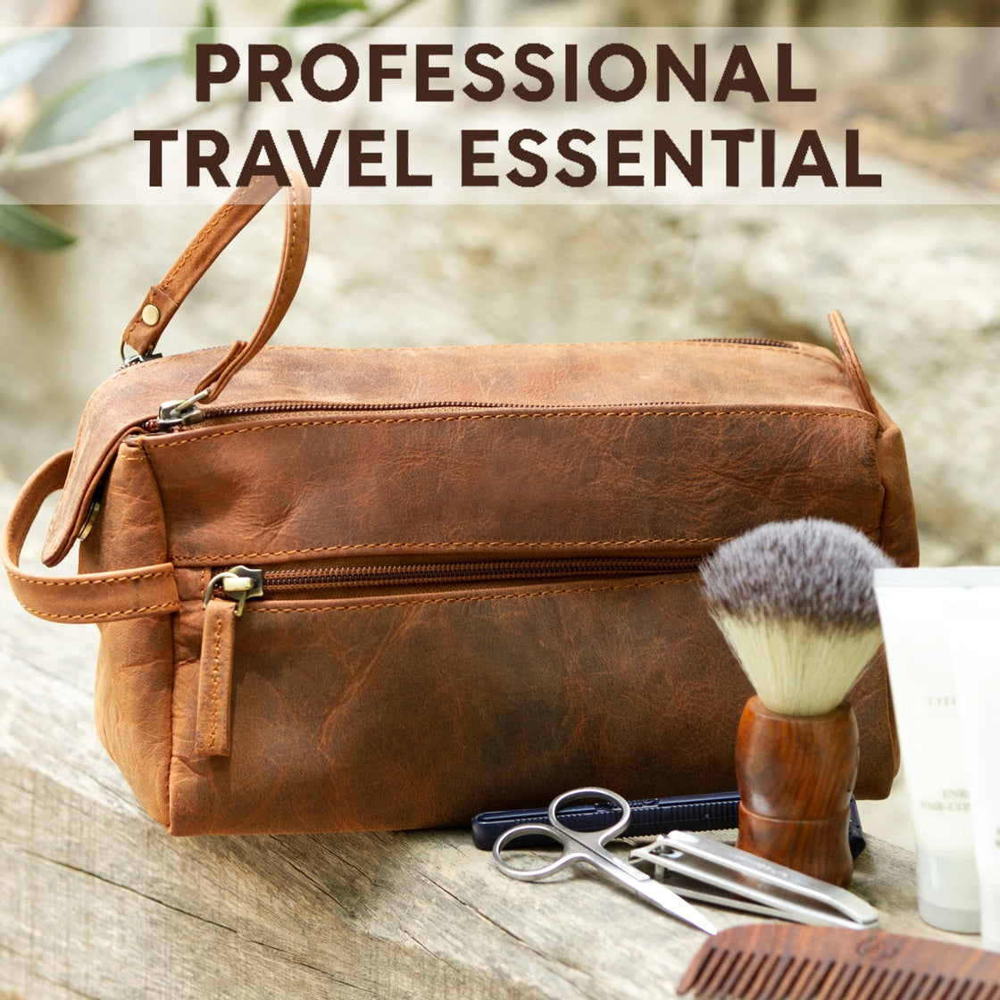 Genuine Leather Travel Toiletry Bag (Brown)