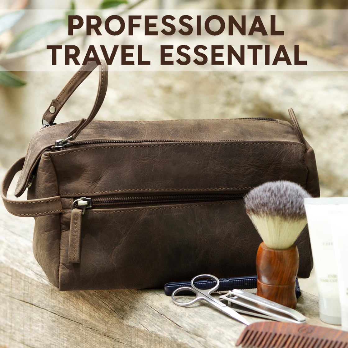 Arden Hugh Leather Travel Shaving Bag (Dark Brown)