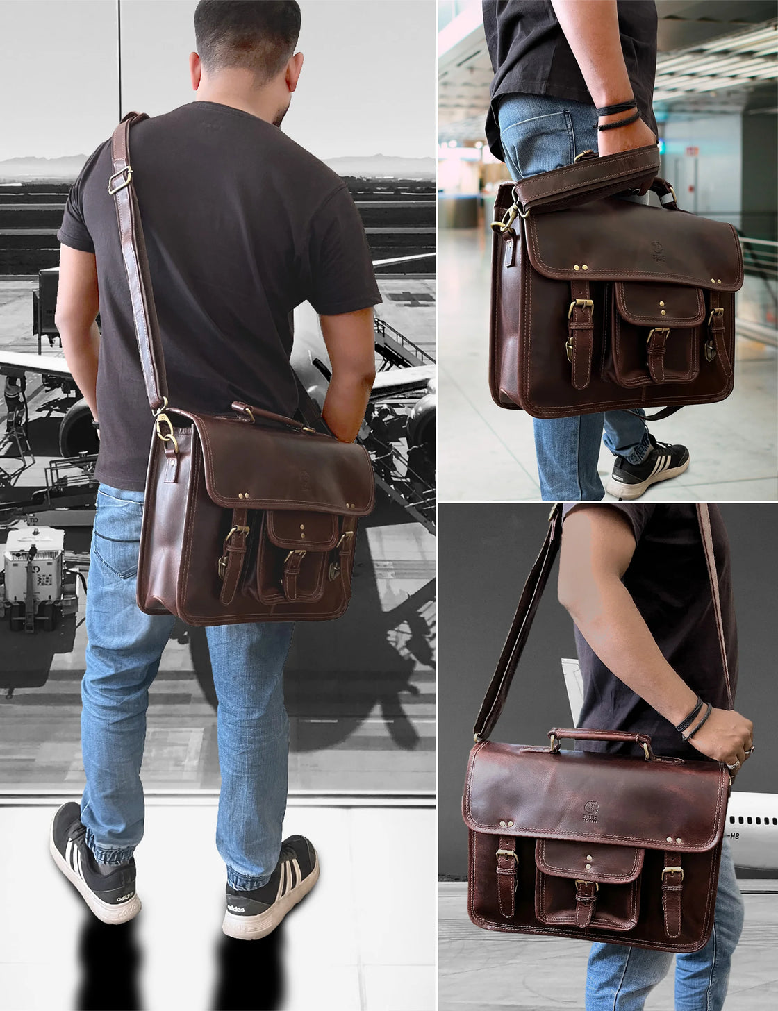 Hunter Buffalo 16" Classic Leather Satchel Briefcase Bag (Walnut Brown)