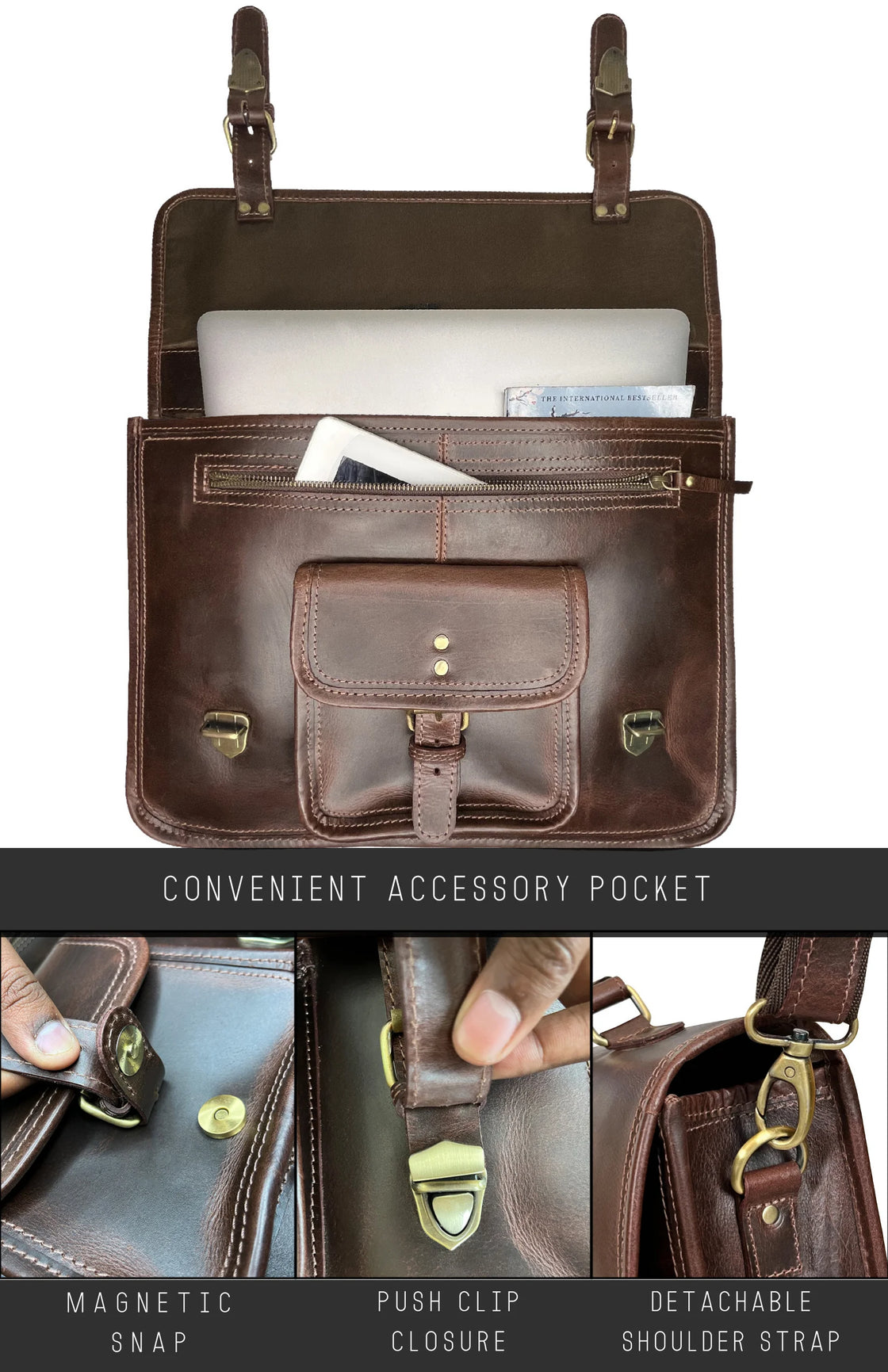 Hunter Buffalo 16" Classic Leather Satchel Briefcase Bag (Walnut Brown)